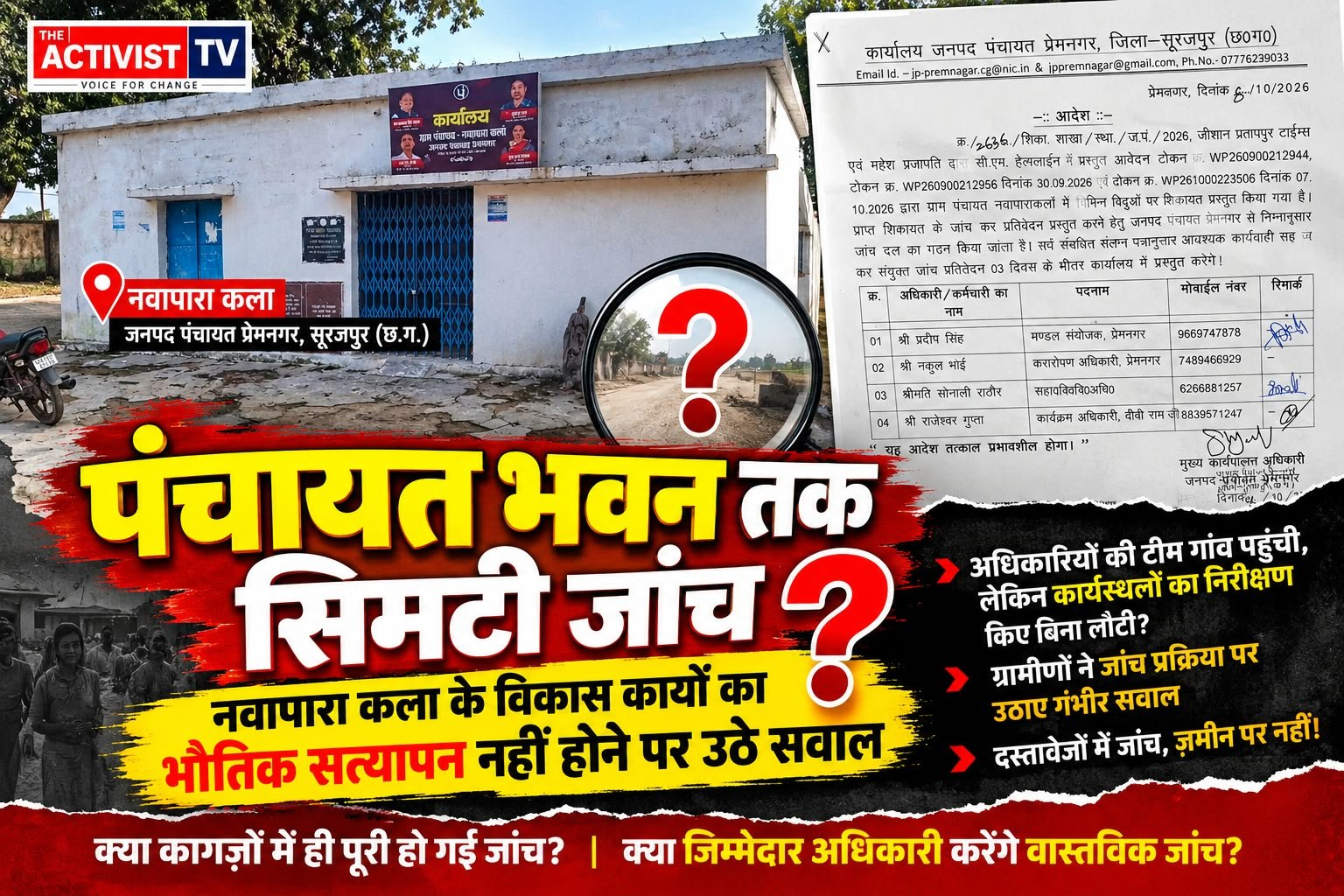 नवापारा कला में विकास कार्यों की जांच पर सवाल, क्या पंचायत भवन तक ही सीमित रही पड़ताल?
